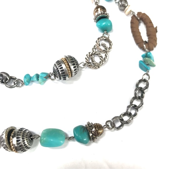 NWT Ruby Rd Safari Double Strand Necklace Turquoise Bamboo Brown Silver Tone NEW - Picture 7 of 8